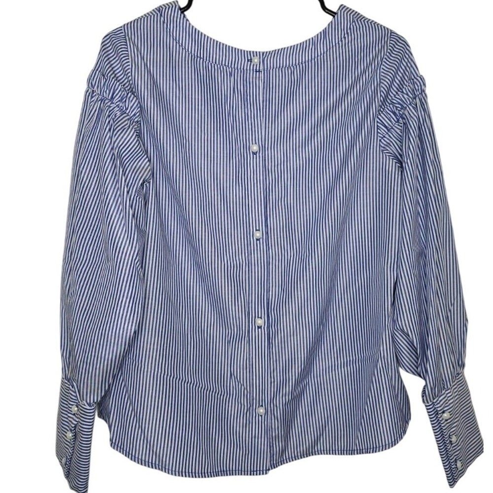 Sienna Sky Women's Blue White Striped Puff Shoulder Pearl Back Button Top Size M - Picture 7 of 9